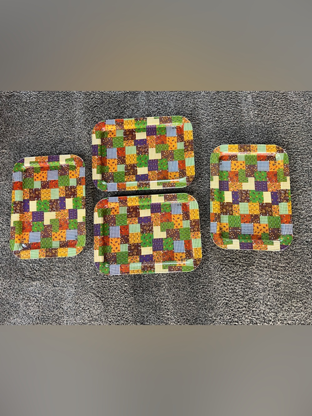 Vintage Metal MCM Multicolor Patchwork Pattern Serving Lap Trays - Set of 4